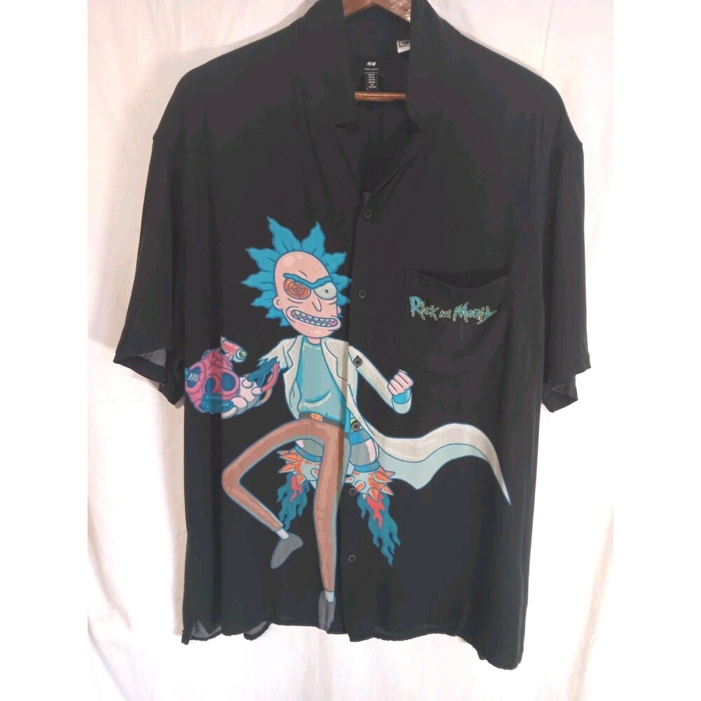 H&M Rick and Morty Men’s XL BlaRck Button Up Graphic Shirt Cartoon Network